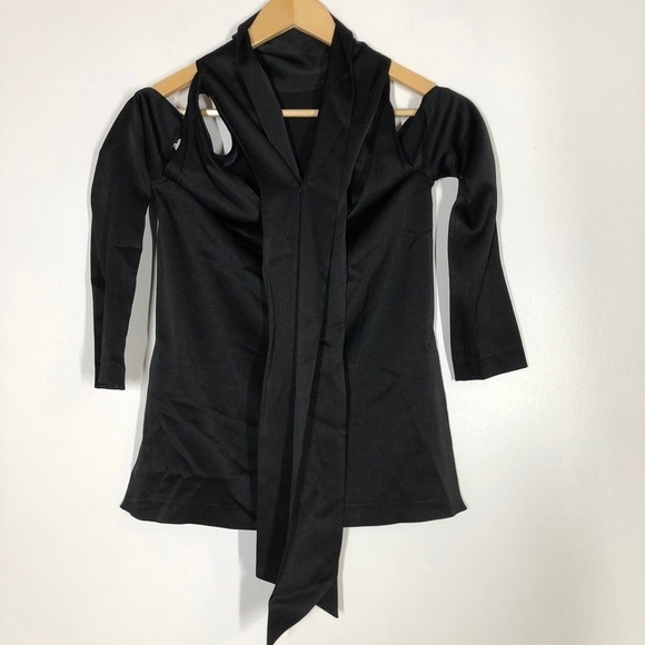 Galvan London Tunic Top Satin Long Sleeve Cold Shoulder Tie Back Black Size 2 - Picture 8 of 15